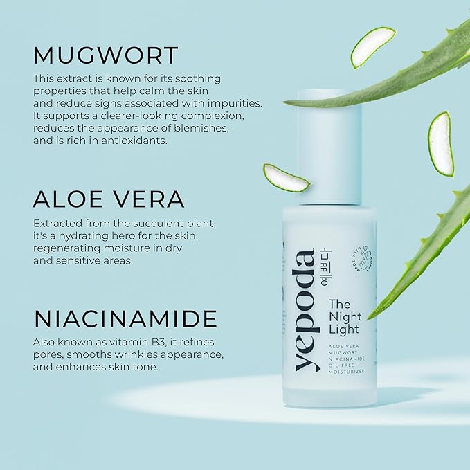 Yepoda The Night Light Oil-Free Soothing &amp Clarifying Night Moisturizer with Aloe Vera Mugwort &amp Niacinamide Hydrating Vegan Korean Facial Moisturizer for All Skin Types 1.69 FL. OZ. (50 m