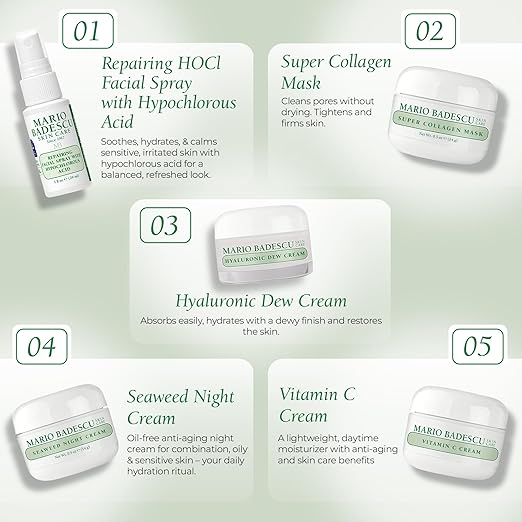 A Little Bit of Mario 10-Piece Skincare Kit ? Vitamin C Serum Glycolic Acid Toner Hyaluronic Dew Cream Collagen Mask HOCI Spray &amp Cleanser ? Brightening Anti-Aging &amp Hydration ? Travel &a
