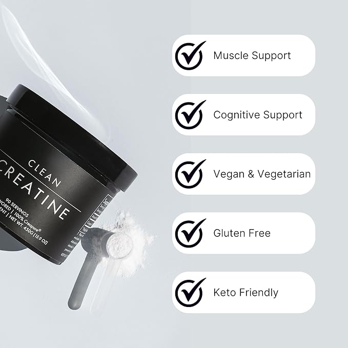 CLEAN Creatine - 100% Creapure® Creatine Monohydrate Powder for Muscle Health Performance and Cognitive Support | 3rd Party Certified by NSF | 90 Servings | Unflavored | Vegan Keto and Gluten-Free