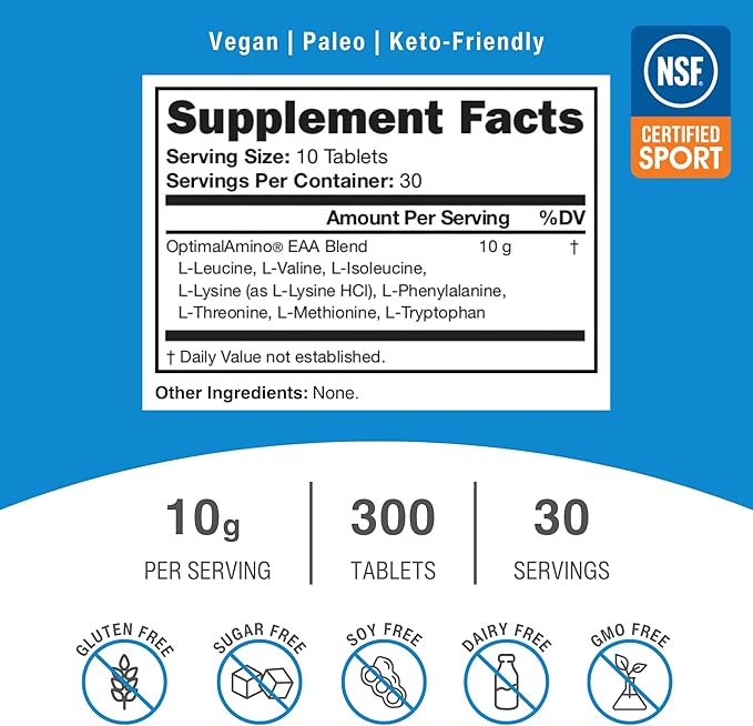OptimalAmino Tablets (300 Count) | 99% Utilized Essential Amino Acid (EAA) Supplement Increase Muscle Recovery BCAA Protein Pre/Post Workout | NSF Certified for Sport® Certified