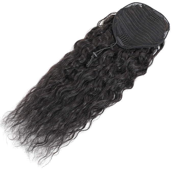 100% Human Hair Drawstring Ponytail Extension Water Wave in Natural Color 1B Corn Wave Ponytail Clip in Extensions for Black Women Full End Hair 18 Inch