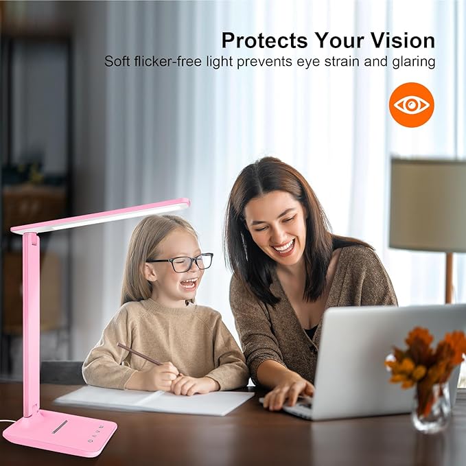 White crown LED Desk Lamp Dimmable Table Lamp Reading Lamp with USB Charging Port 5 Lighting Modes Sensitive Control 30/60 Minutes Timer (Pink First-Generation)