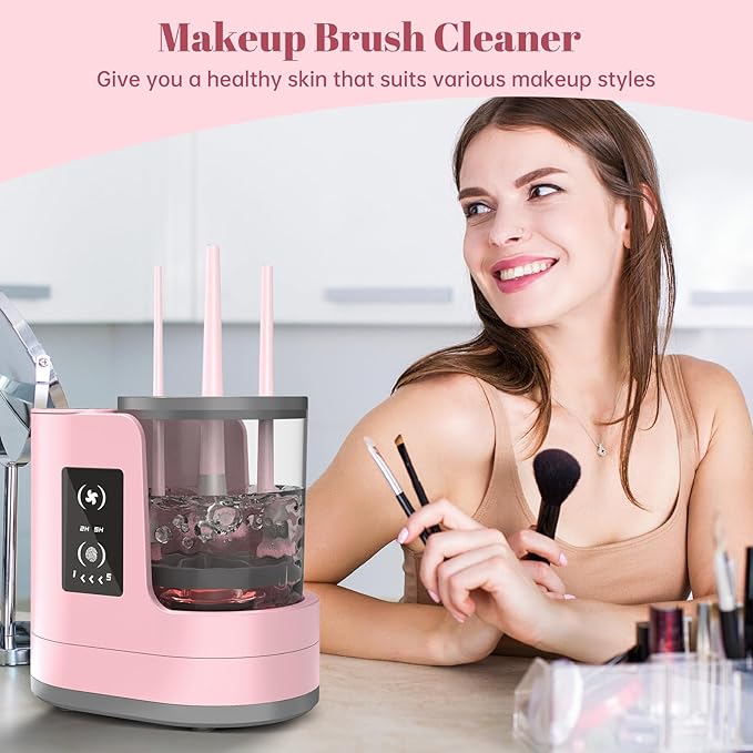 3 IN 1 Electric Makeup Brush Cleaner Machine With Makeup Brush Dryer-Holder-Portable Automatic USB Cosmetic Brushes Cleaner Tool for All Size Beauty Makeup Brush SetEyeshadow Blush Brush (Rose Pink)