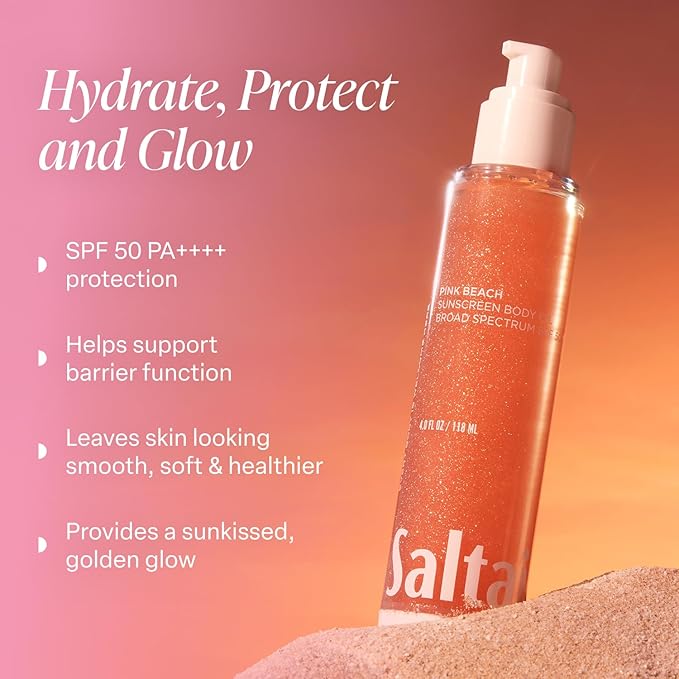 Saltair SPF Body Oil - Broad Spectrum SPF 50 PA++++ Sunscreen. Lightweight Dry Oil with Sun Protection and Moisturizing Kukui &amp Mongongo Extracts. Pink Beach Scent 4floz Vacation Essential