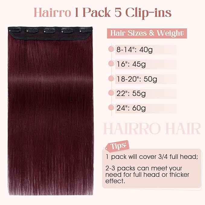 Hairro Clip in Hair Extensions Real Human Hair 14 Inch Clip in Thin Remy Hairpieces Burgundy Short Straight Standard Weft One Piece 5 Clips 45g for Women#99J Wine Red