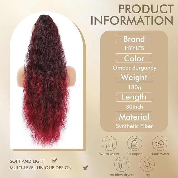 Claw Clip in Ponytail Extension 30 Inch Long Wave Curly Pony Tail Hair Extensions for Women fluffy Natural Looking Synthetic Hairpiece for Daily Use.(Omber Burgundy 30Inch)