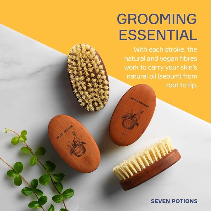Seven Potions Vegan Beard Brush for Men ? 100% Sisal Plant Fibre &amp Pear Wood ? Firm Bristles to Gently Tame/Soften/Exfoliate ? 100% Natural Non-Synthetic
