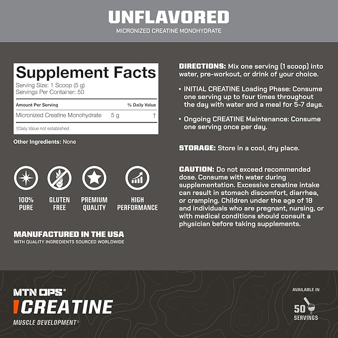 MTN OPS Creatine Monohydrate Powder Unflavored 50 Serving Tub - 100% Pure Micronized for Muscle Mass Strength &amp Power
