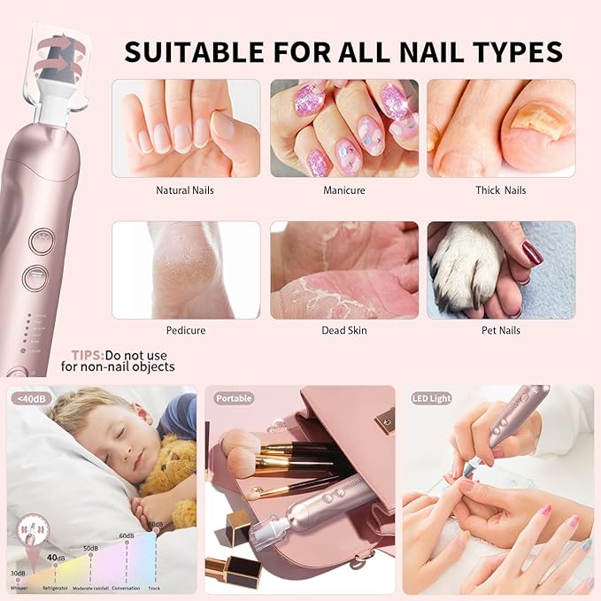 Cordless Electric Nail File Set Rechargeable Pedicure Tools for feet Professional Manicure Pedicure Kit 5 Speeds Hand Foot Care Nail Drill for Thick Nail Toenail Cuticle Women Men Pets