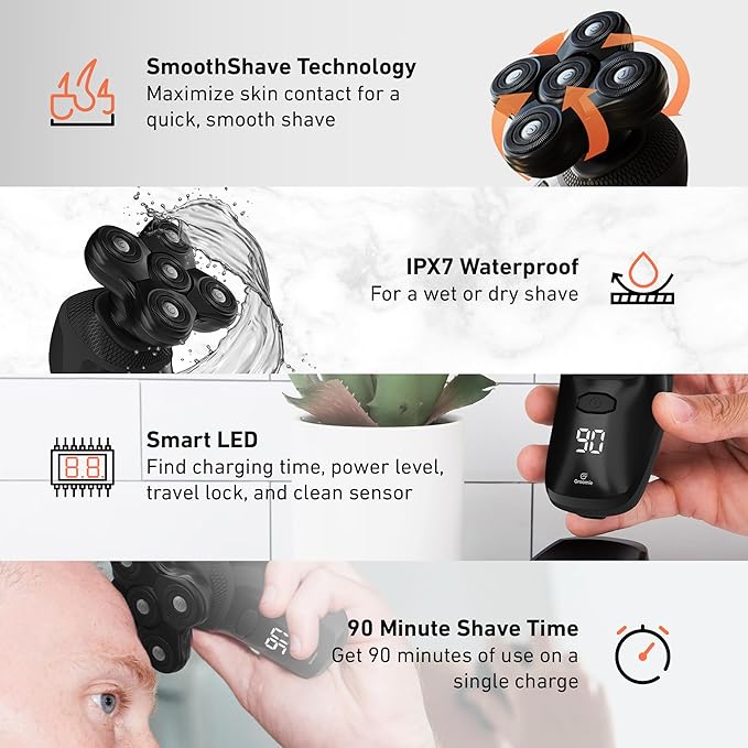 GROOMIE No Hair Don't Care Bundle - 5D BaldiePro Electric Head Shavers for Bald Men Natural Pre-Shave Oil to Promote Close Shave &amp Natural Aftershave Serum - Mens Head Shaver Kit w/Electric Raz