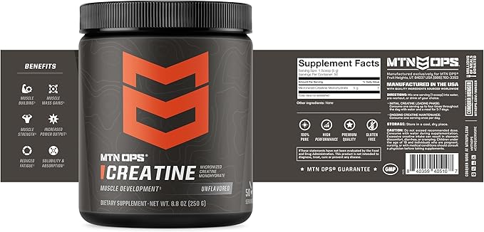 MTN OPS Creatine Monohydrate Powder Unflavored 50 Serving Tub - 100% Pure Micronized for Muscle Mass Strength &amp Power