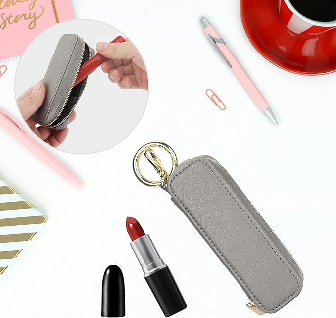 Bocasal Leather Lipstick Case Holder Chapstick Keychain Pouch Zipper Lip Balm Lip Gloss Bag for Purse with Key Chain Elastic Band Makeup Travel Organizer Cosmetic Storage Kit for Women Girls (Grey)