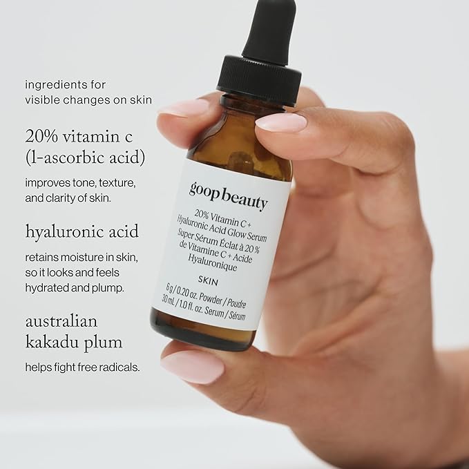 goop Beauty 20% Vitamin C + Hyaluronic Acid Serum | Improves Tone Texture &amp Hydration | L-ascorbic Acid and Hyaluronic Acid | Paraben and Silicone Free | 1 fl oz