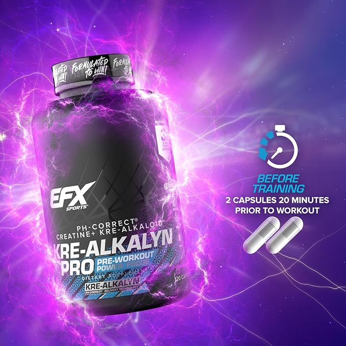 EFX Sports Kre-Alkalyn Pro | pH Correct Creatine Monohydrate Pill Supplement | Muscle Building Pre Workout for Men &amp Women | 60 Servings 120 Capsules