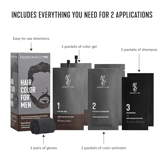 Madison Reed Mr. Hair Color for Men Dark Brown to Black Demi-Permanent Hair Dye Reduces Grays in 15 Minutes For Hair &amp Beard Nourishing &amp Strengthening Keratin &amp Argan Oil 2 Applicati