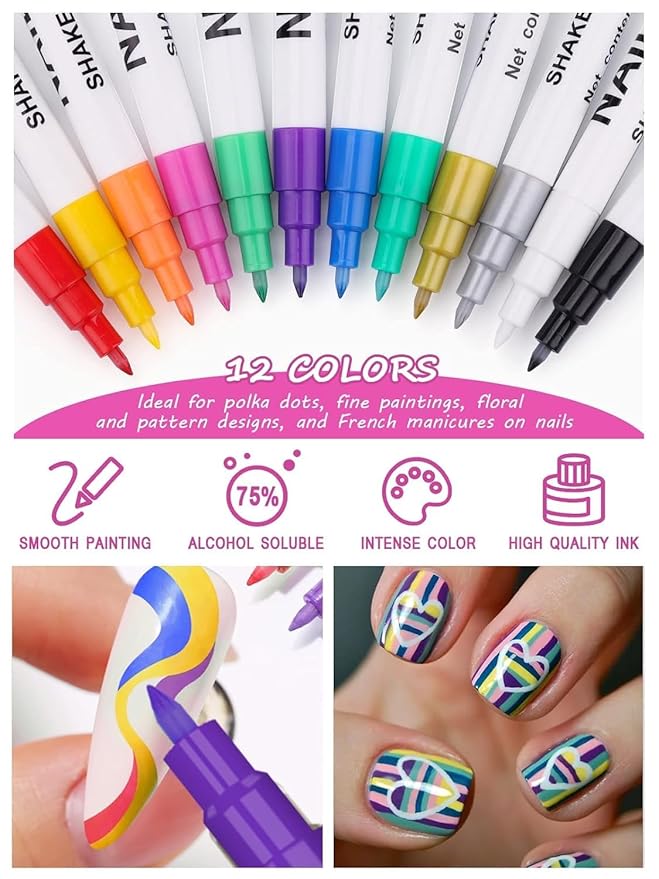 12 Color 3D Nail Art Pens Set Kalolary Nail Pens Nail Point Graffiti Dotting Pen Drawing Painting Liner Brush for DIY Nail Art Beauty Adorn Manicure Tools