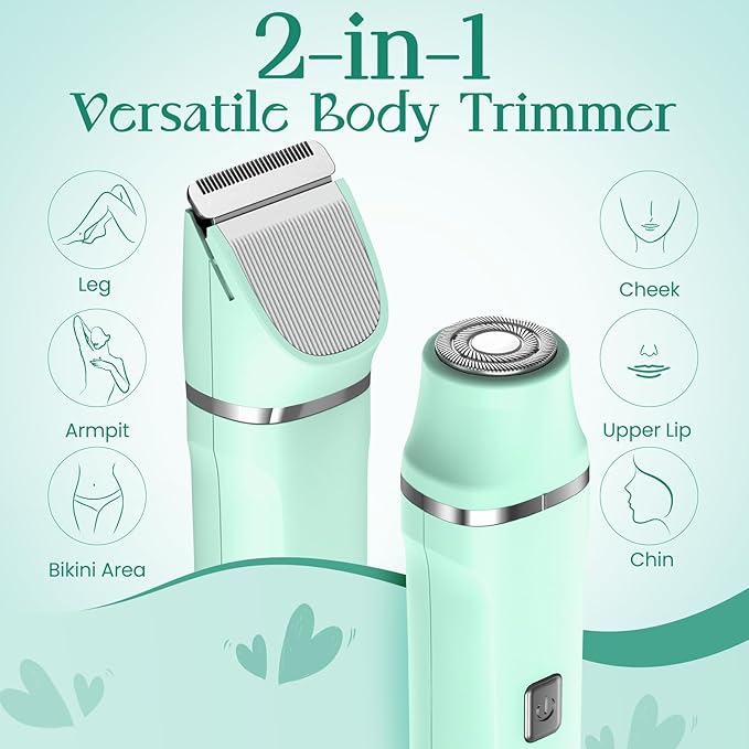 Pubic Hair Trimmer Women for Bikini Area &amp Body - Electric Razor Shaver with Ceramic Blade Detachable Head Waterproof IPX7 Battery Indicator Fast Charging Wet/Dry Groomer Set - Green
