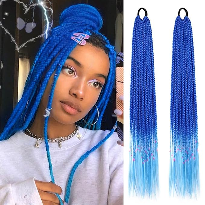 Hair Buns Hair Piece 24 Inch Braided Ponytail Multicolor Braid Extensions Rainbow Braided Hair Extensions Synthetic Wigs with Elastic Bands Hair Accessories For Girls (Color : APink Size : 24inch)