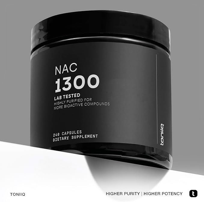 Toniiq 1300mg NAC - 4 Month Supply - Min. 98%+ Tested Purity - Ultra High Strength Bioavailable NAC Cysteine Supplement - 240 Vegetarian N Acetyl Cysteine Capsules -Lab Tested TQ