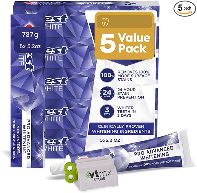 White 3D Pro Advanced Whitening Toothpaste 5 Large Tubes of 5.2 oz (Total 26 oz) | 24h Stain Prevention | Whiter Teeth in Days