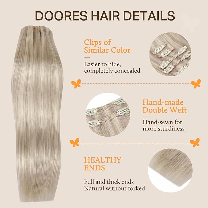 DOORES Human Hair Extensions Soft Honey Blonde Highlight Platinum Blonde 20 Inch 120g 7pcs Clip in Hair Extensions Natural Thick Weft for Women Straight Weft Gift