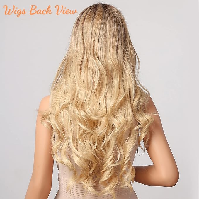 Honygebia Blonde Middle Part Wig - Long Wavy Ombre Blond Wigs with Dark Roots for Women Curly Synthetic Heat Resistant Hair Natural Looking Cute Wigs for Halloween/Christmas/Cosplay/Party