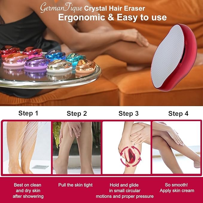 Crystal Hair EraserNatural Crystal Hair RemoverReusable Painless Nano Glass Hair Removal Device Without ShaverGentle Crystal Epilator and Exfoliator for Soft Silky Skin(Red)