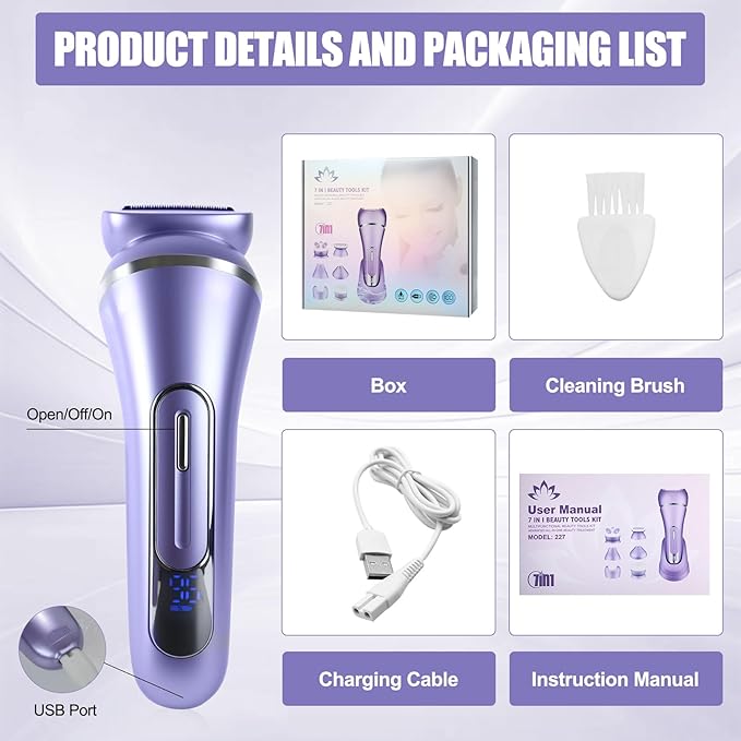 3.0 Women Face Epilator 7-in-1 Rechargeable Facial Hair Remover with LED Battery Display Facial Shaver for Face Eyebrow Nose Trimmer