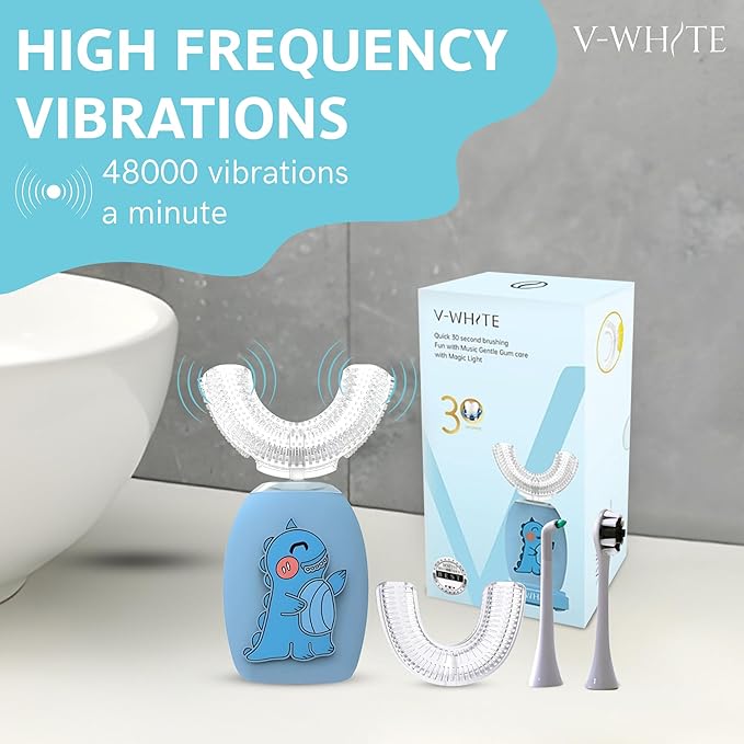 V-WHITE Electric Toothbrush Kids- Ultrasonic U-Shaped Toothbrushes for Teeth Whitening - 360° Mouth Cleansing Hands Free Gums Protection - Wireless Charging &amp LED Light - Waterproof IPX7 Certifie
