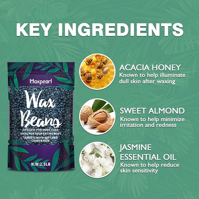 Maxpearl Wax Beads for Hair Removal 2.5lb Hard Wax Beans Refill Bag for Brazilian Bikini Face Eyebrows Underarms Arms Chest Back Legs Coarse Body Hair Specific