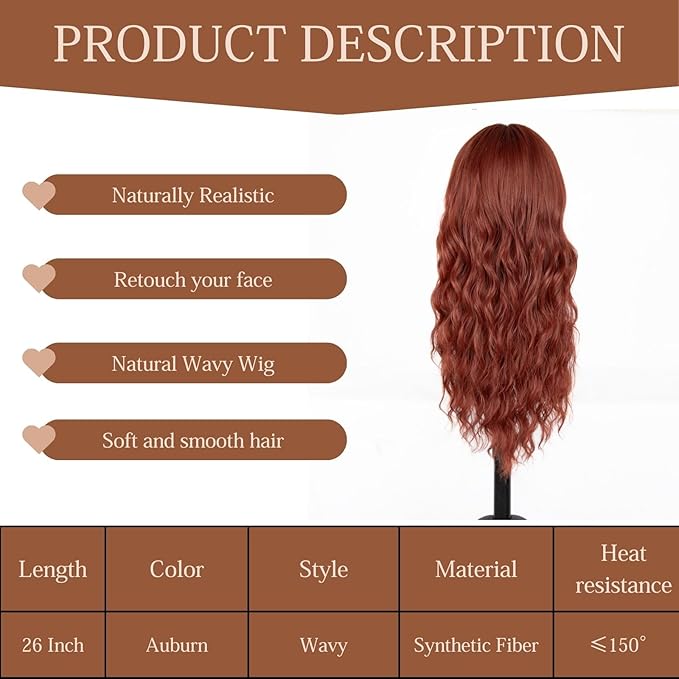 Auburn Wigs for Women 26 inch Lace Hairline Middle Part Long Curly Wig Heat Resistant Synthetic Hair Looking Natural Fiber Wig for Daily Party Use