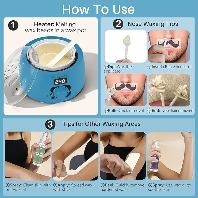 BLITZWAX Back and Nose Waxing Kit for Men Hard Wax Warmer for Brazilian Body and Face At Home Hair Removal Kit Beginner Friendly Quick Heating 93 Accessories Royal Blue