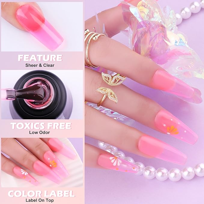 Jelly Gel Polish 20 Colors Trendy Neon Jelly Gel Nail Polish Kit Glossy Crystal Transparent Gel Polish Nude Pink Purple Green Blue Yellow Red Colors Nail Polish Set Soak Off UV LED