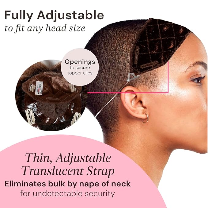 MILANO COLLECTION Glueless Top Grip for Hair Topper &amp Wiglets Adjustable Translucent Strap with Side Openings Top Headband for Your Wig or Topper Includes Clips Brown Medium