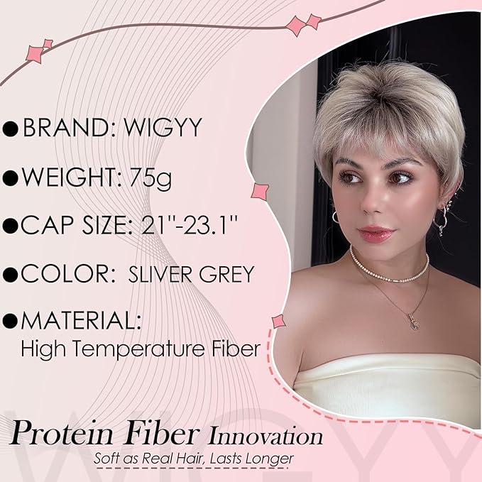 WIGYY Silver Grey Pixie Cut Wig for White Women Short Curly Synthetic Wig with Bangs Upgraded Glueless Cap Heat-Resistant Lightweight Wig for Older Women Daily Wear