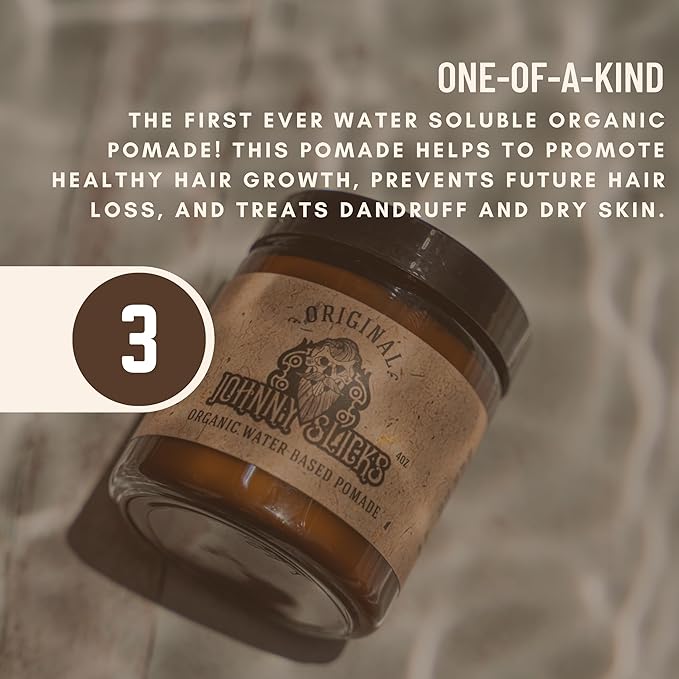 Johnny Slicks Water Based Pomade | Strong Hold High Shine Organic Styling for Men | Promotes Healthy Hair Growth &amp Helps Hydrate Dry Skin (Original 4 Ounce) US Made Veteran Owned