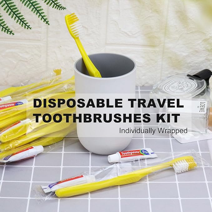 Disposable Toothbrushes with Toothpaste100 Pack Yellow Hollow Individually Wrapped Disposable Travel Toothbrushes Kit in Bulk for HomelessNursing HomeHotelCharity