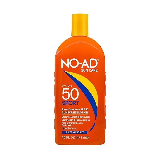 NO-AD SPF 50 SPORT Sunscreen Lotion | Hypoallergenic | Broad Spectrum UVA/UVB Protection | Water Resistant | Octinoxate &amp Oxybenzone Free with moisturizing Vitamin E and Aloe 16oz