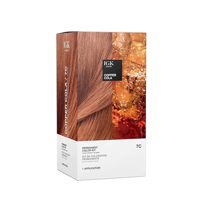 IGK Permanent Hair Dye Color Kit | 7C Copper Cola - Dark Coppery Blonde | 100% Gray Color Coverage + Strengthen + Shine | Ammonia Free