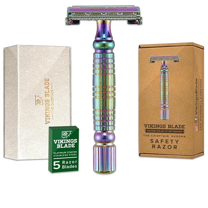 VIKINGS BLADE Double Edge Safety Razor + 5 Swedish Steel Blades + Luxury Case. Smooth Reusable Recyclable (Chieftain Aurora)