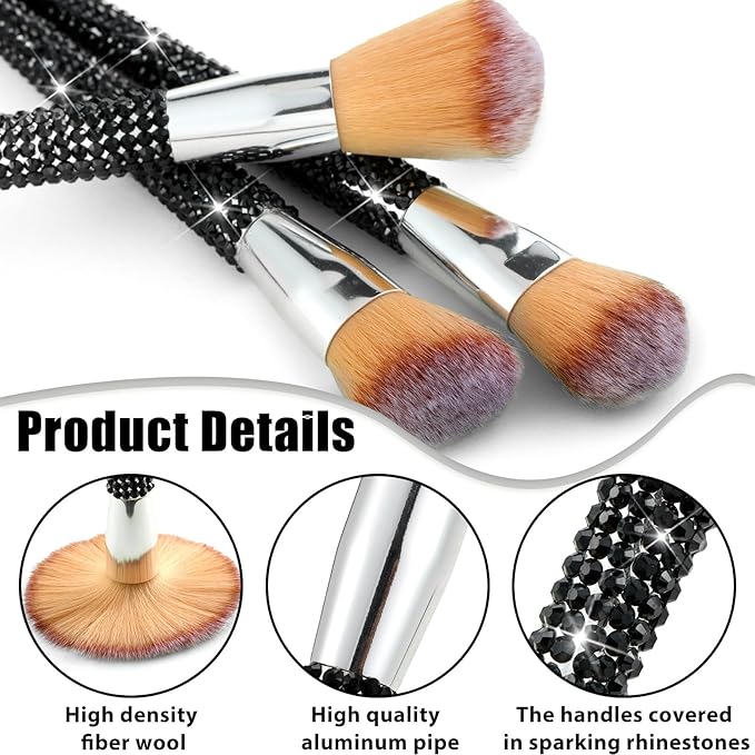 Rtteri 13 Pcs Rhinestone Black Makeup Brushes Set Bling Crystal Professional Face Cosmetics Blending Liquid Foundation Powder Concealer Eye Shadows Make up Beauty Tool Glitter with Holder