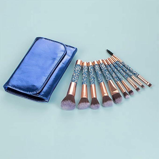 Glitz and Glam Essentials Makeup Brushes 1 Set Rhinestone Makeup Brush Set Professional Beauty Cosmetic Brushes with Bag for Face Make Up Tools (blue)