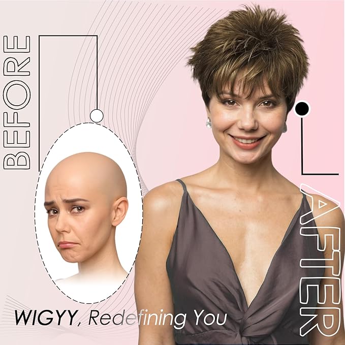 WIGYY Medium Golden Brown Pixie Wig for White Women ? Curly Short Wig with Bangs Glueless Heat-Resistant Synthetic Wig Soft Natural Look for Daily Wear or Older Women