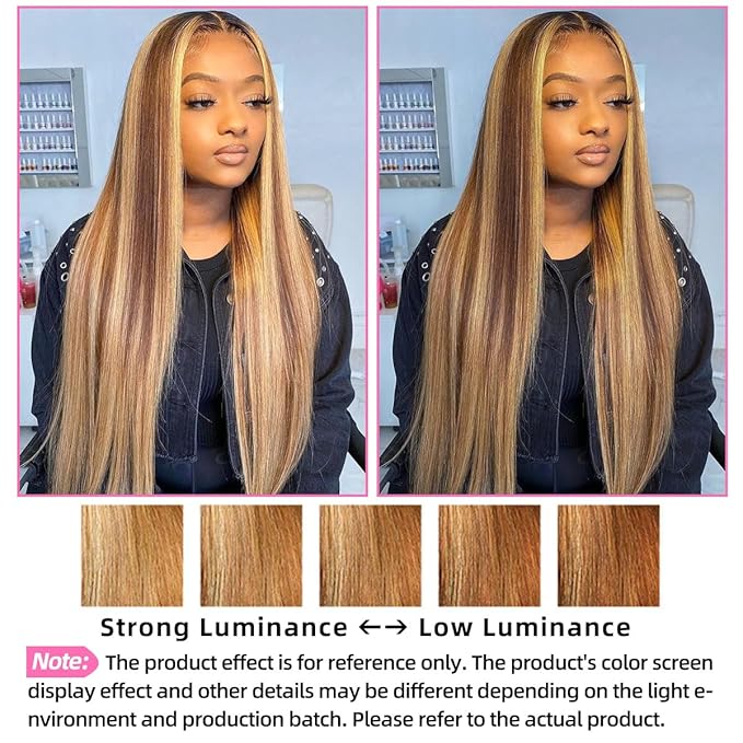 Honey Blonde Wig Human Hair Straight P4/27 Highlight Straight Lace Front Wig 26 Inch 180% Density- ?Premium Human Hair No Shedding 13x4 Lace Breathable Cap Perfect for Daily Wear &amp Styling