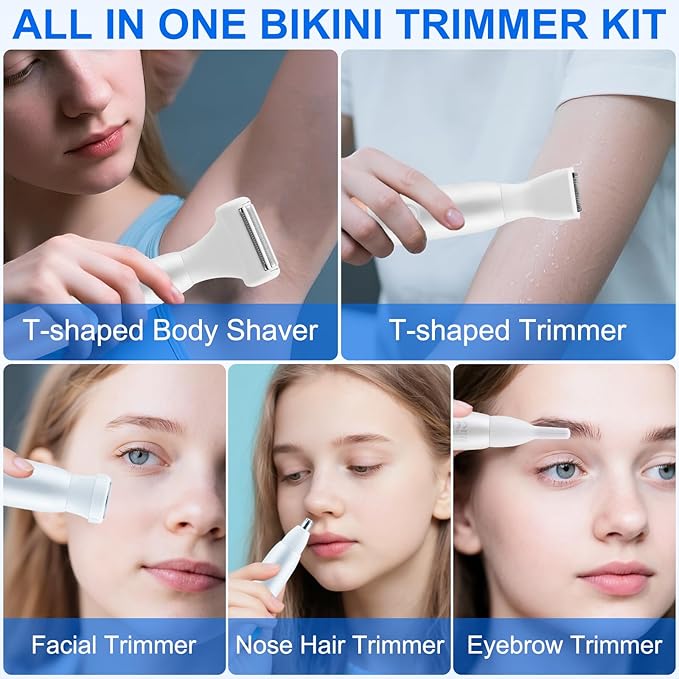 5-in-1 Bikini Trimmer Electric Razors for Women Cordless Electric Shaver with LCD Display for Facial Body Legs Hair Rechargeable Waterproof Pubic Body Hair Trimmer Birthday Christmas Gifts for Women