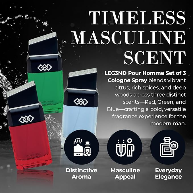 LEG3ND Pour Homme Set of 3 Cologne Spray - 0.5/15ml Eau de Parfum Spray Long-Lasting Scent with Elegant &amp Sleek Glass Bottle - Fragrances for Men Gift Set with Luxurious Fresh &amp Musculine Note