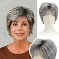 WIGYY Light Gray Pixie Cut Wig for White Women ? Short Curly Synthetic Wig with Bangs Heat-Resistant Glueless Cap Lightweight Natural Looking Wig for Older Women Daily Wear