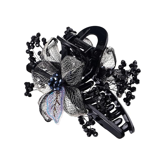 SINIDE Hair Claw Clips Large Copper Wire Flower Clip Barrettes Hand-woven Crystal Claw Jaw Clamp Rhinestones Plastic Wedding Head Piece Styling Accessories for Women Ladies Thick Curly Hair (Grey)