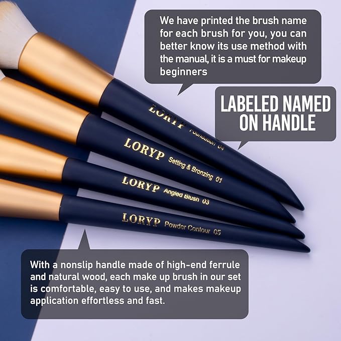 LORYP Makeup Brushes Set Labeled 18 Piece Face and Eye Brush Set Ultra soft hair Foundation Concealer Blush Contour Blending Eyeshadow Blue Brush kit