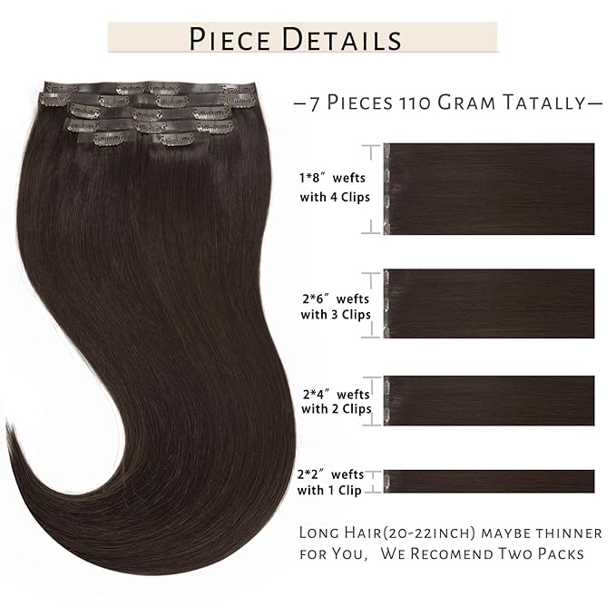 Caliee Seamless Clip in Hair Extensions Real Human Hair 22Inch 110G 7Pcs Invisible PU Weft Color 2A Light Dark Brown Clip on Hair Extensions Human Hair Natural &amp Thick &amp Straight